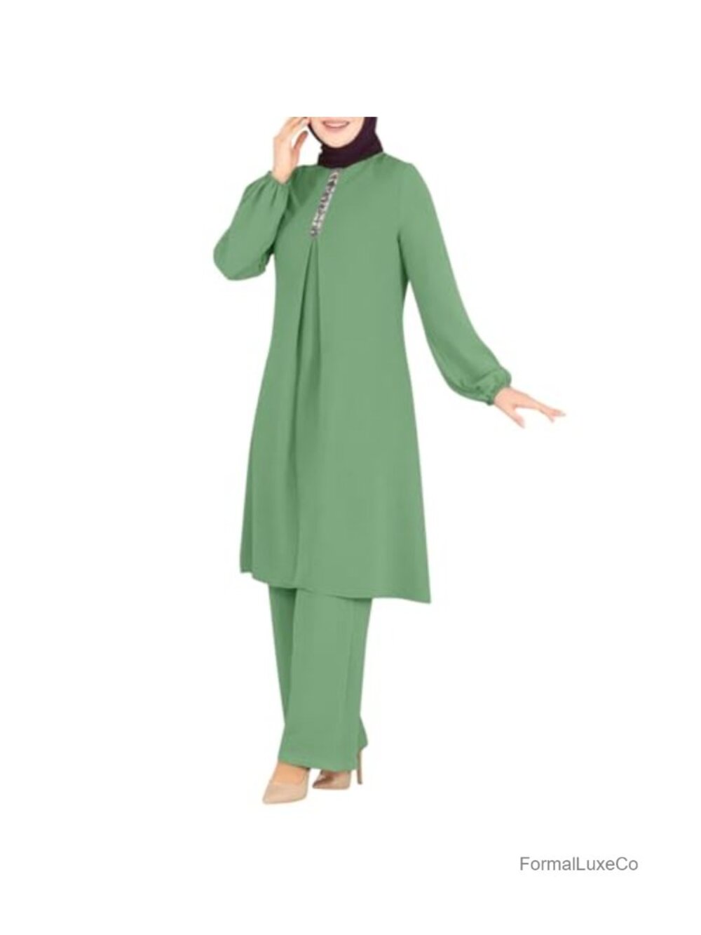 Muslim Women's 2 Piece Abaya Set Long Sleeve Top Wide Leg Pants Modest Islamic